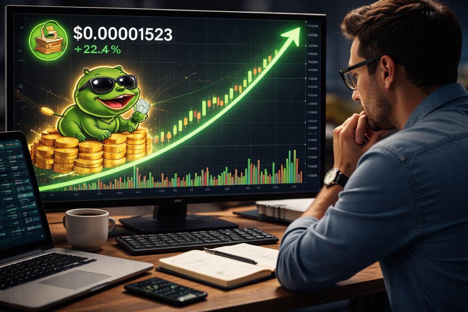 A trader analyzing a bullish PEPE chart