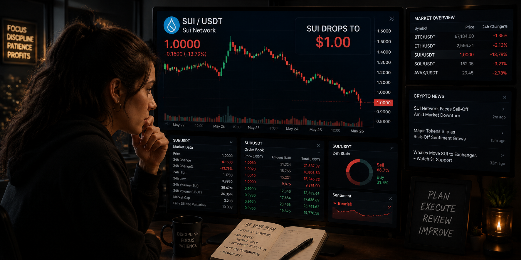 A trader analyzing a bearish Sui chart